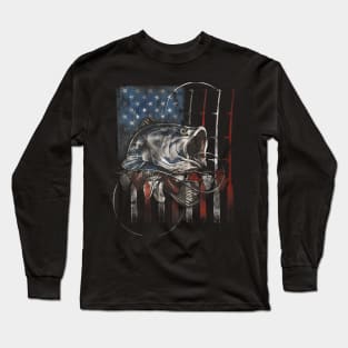 Fishing American Flag Vintage Usa Bass Fisherman Gift Long Sleeve T-Shirt